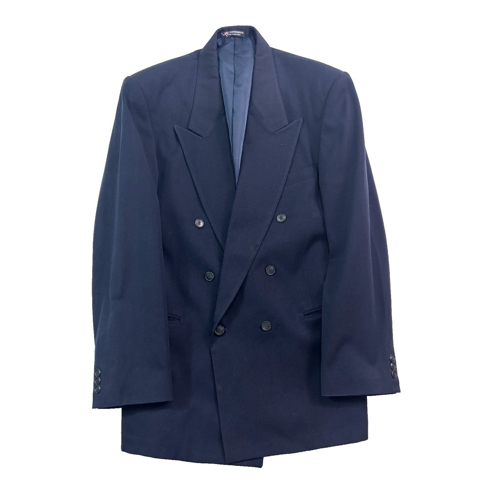 vtg 90s Raffinati 40L Navy Blue Double Breasted Blazer Jacket Suit Coat USA